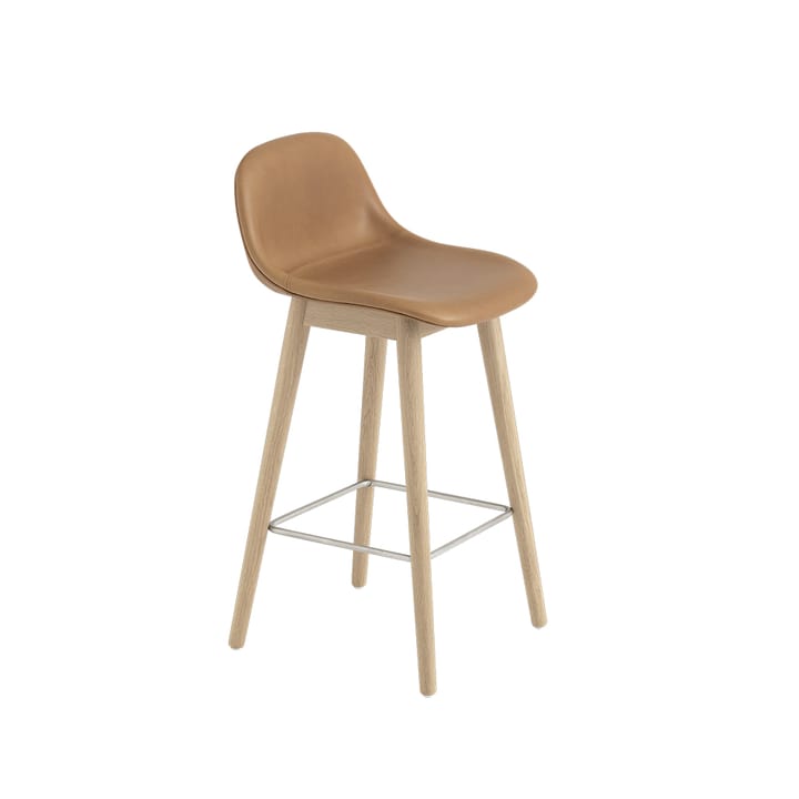 Fiber barstool with backrest 75 cm - 皮革 琥珀棕色-自然木色 legs - Muuto